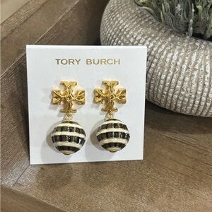 Tory Burch Roxanne Gold and Navy Striped Drop Earrings